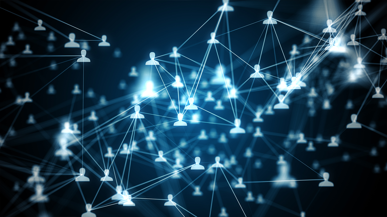 Abstract digital illustration of a glowing network of interconnected white human silhouette icons against a dark blue background with blurred light points.