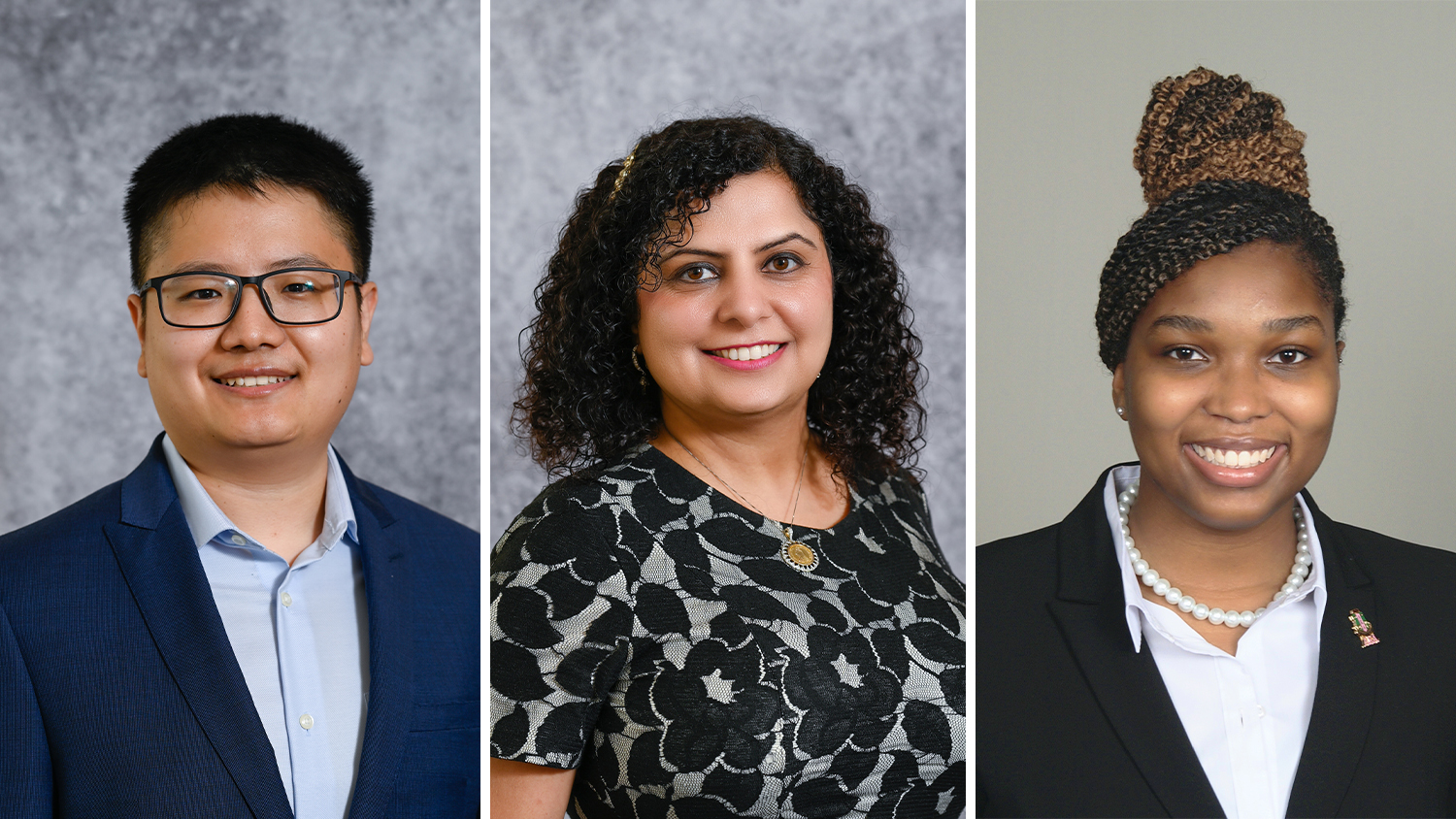An graphic of the three award winners. On the left is a man of East Asian descent wearing a blazer, in the middle is a woman with dark hair and on the right is a darker skinned woman wearing a blazer. All are smiling for their respective headshots.