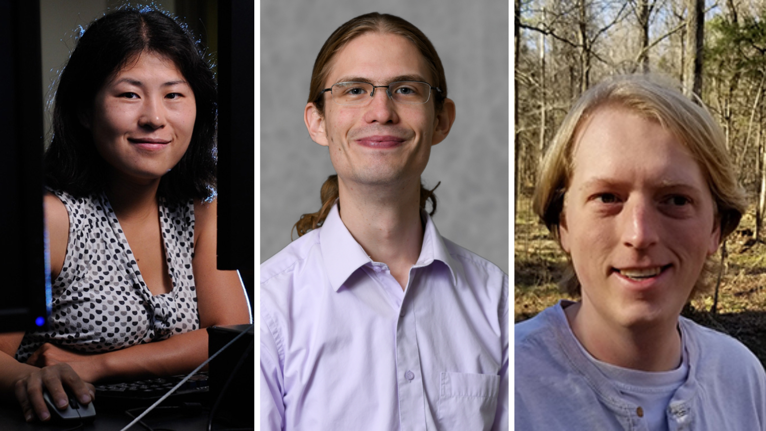 A triptych showing three headshots: on the left, an Asian woman smiling in a black and white patterned top; in the center, a white man with long hair, glasses, and a lavender shirt; on the right, a white man with long blonde hair smiling outdoors in a light shirt.