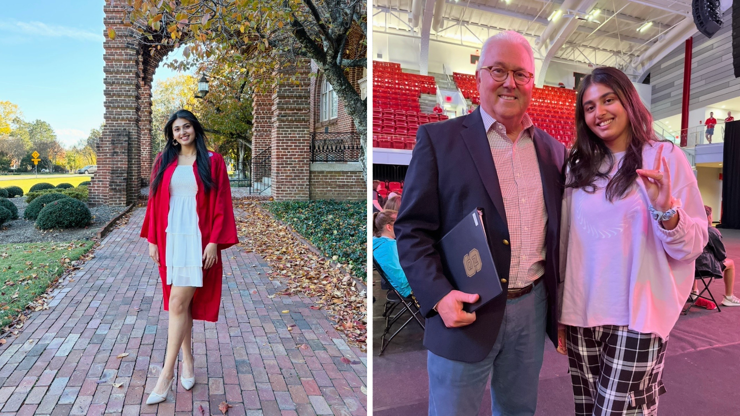 A split image showing a young woman in a red graduation gown and white dress standing on a brick walkway outdoors, and the same woman posing with an older man in a suit indoors at an event.
