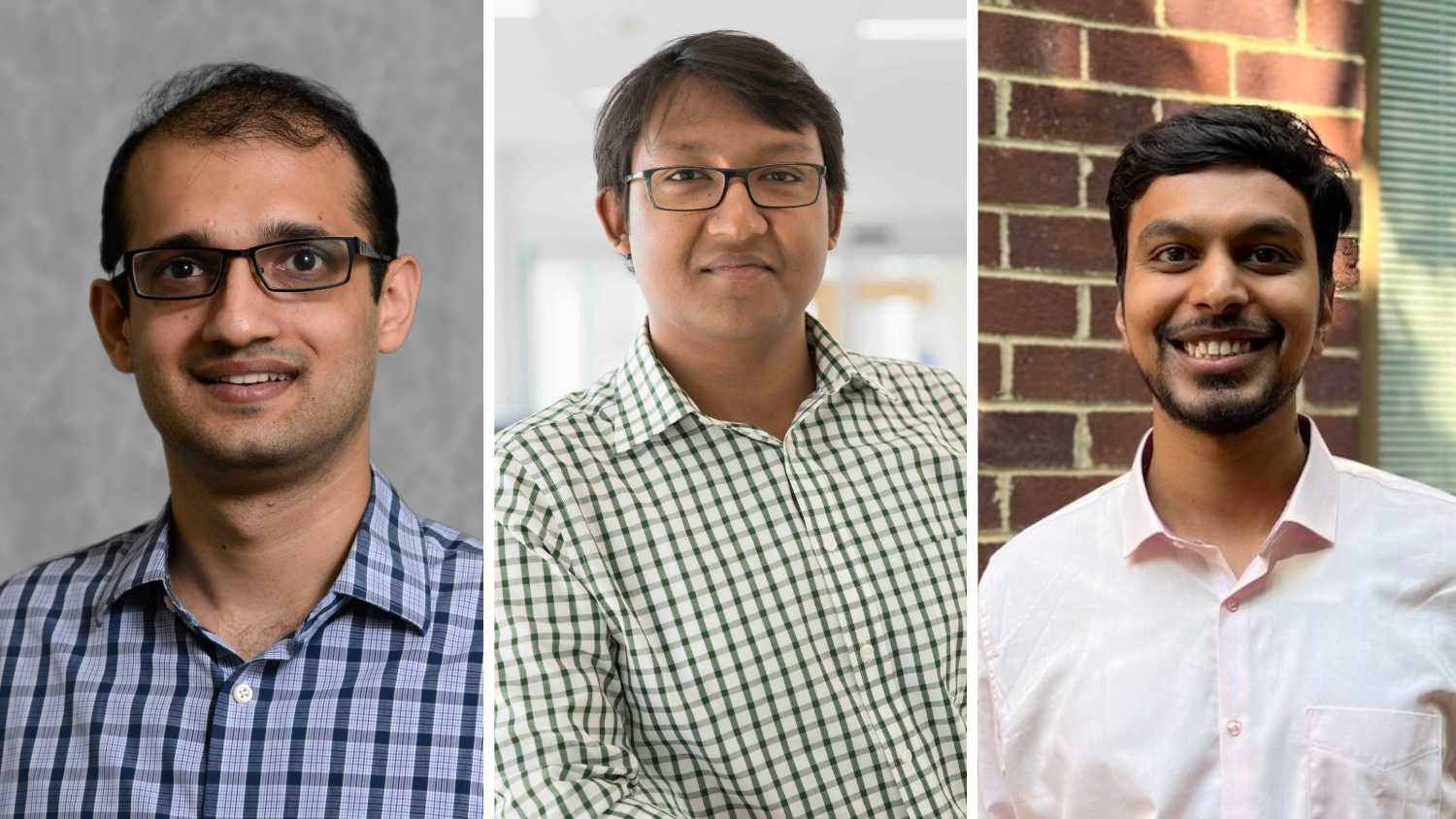 A composite image featuring headshots of three men, arranged side-by-side in vertical panels. Left Panel: A man with short dark hair and glasses, wearing a blue and white checkered button-down shirt. He is smiling slightly against a neutral, grey textured background. Center Panel: A man with dark hair and glasses, wearing a green and white micro-checkered shirt. He has a neutral expression and is positioned against a bright, blurred indoor office background. Right Panel: A man with dark hair and a short beard, wearing a light pink button-down shirt. He is smiling broadly, positioned outdoors in front of a red brick wall.