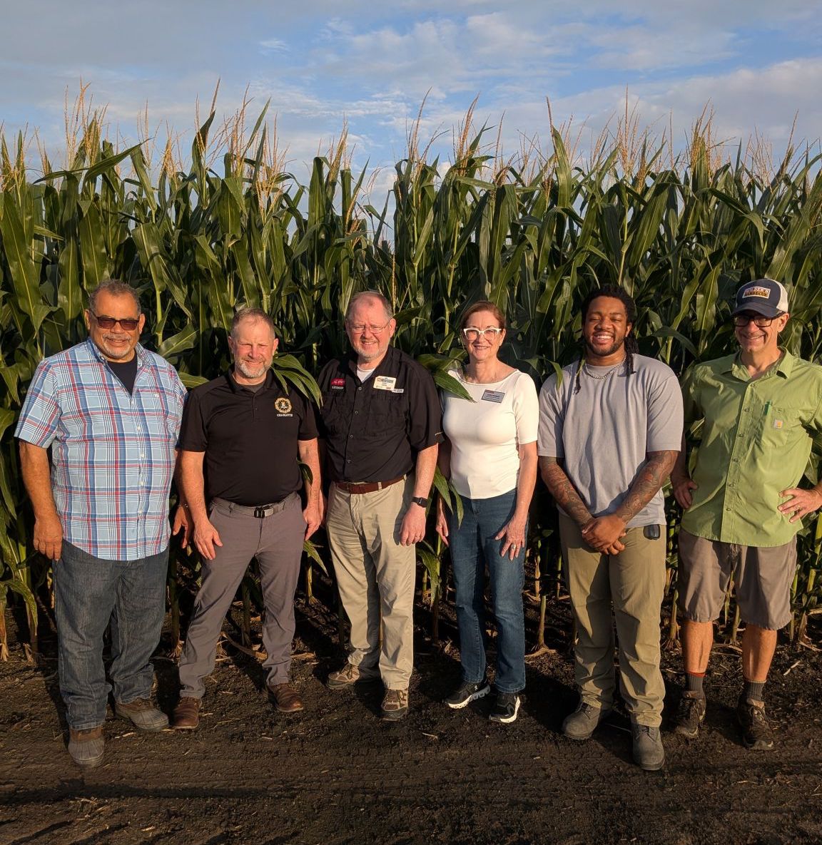 Six people standing in a cornfield