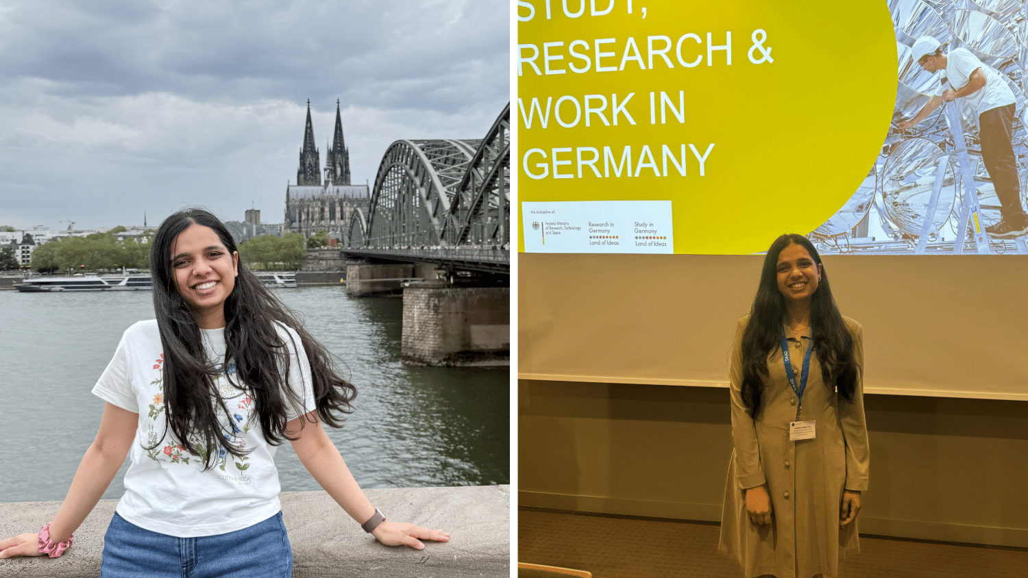 Two photos of a woman; left, her standing by a bridge over a river; right, her in front of a presentation slide